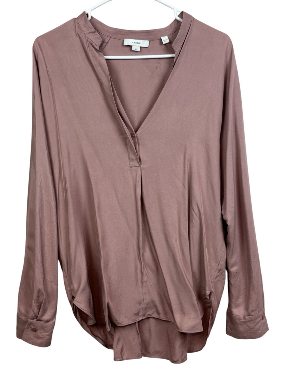 Vince rose-mauve silk Blend long-sleeve blouse band collar split V-Neck S